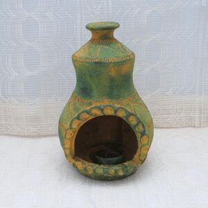 Handmade Vintage Chiminea Made in Mexico Textured Green Table Top, Mexican Decor